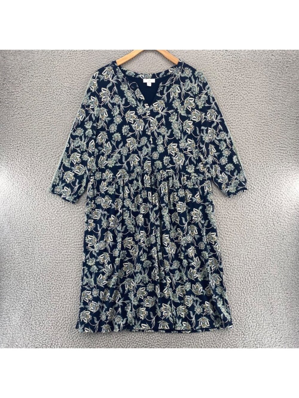 J Jill Dress Womens Medium Navy Floral Empire Waist Notch Neck 3/4 Sleeve Pocket
